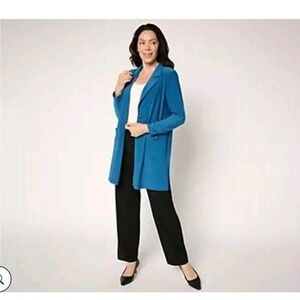 NWT Susan Graver Blazer Duster Jacket‎ Womens 2X Plus Blue LK Luxe Knit Button